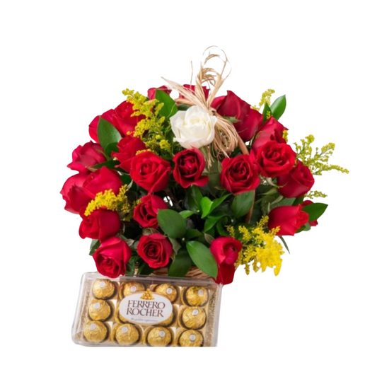 Cesta com 39 Rosas Vermelhas e 1 Rosa Solitária de outra cor + chocolates