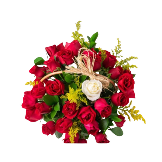 Cesta com 39 Rosas Vermelhas e 1 Rosa Solitária de outra cor + chocolates