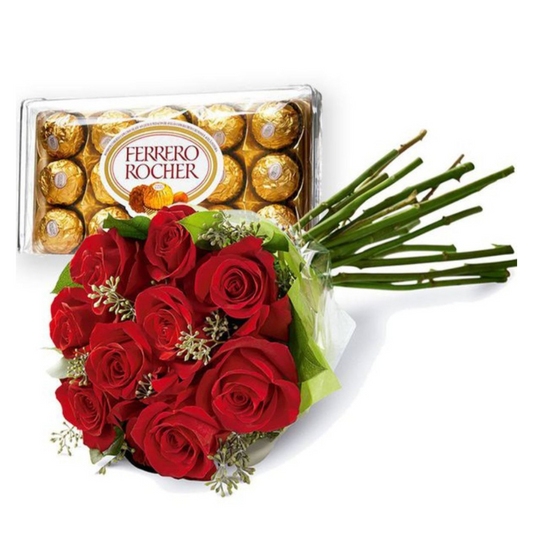 Buquê de Rosas vermelhas e Caixa de Ferrero Rocher
